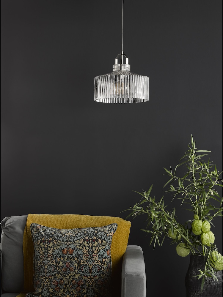 Dar Lighting Satin Nickel Ribbed Glass Lenka Pendant Ceiling Light - Image 2 of 5