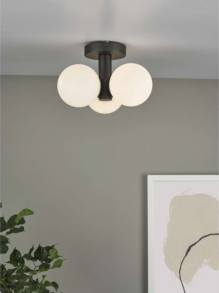 Dar Lighting Matt Black Opal Glass Blake 3 Light Semi Flush Ceiling Light - Image 1 of 4