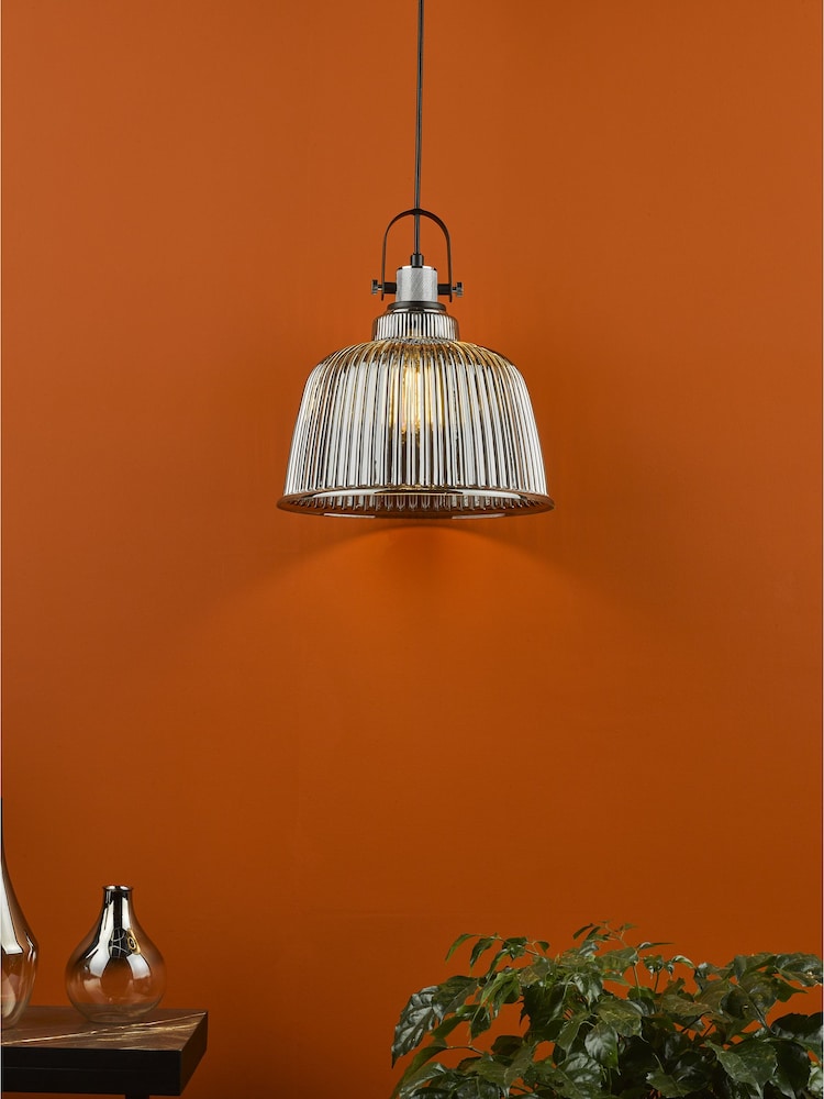 Dar Lighting Smoked Ribbed Glass Polished Chrome Rhode Large Pendant Ceiling Light - Image 1 of 6