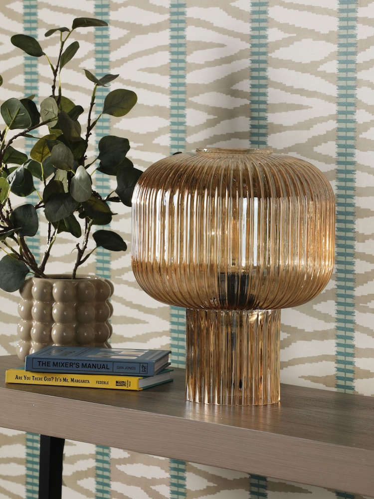 Dar Lighting Amber Ribbed Glass Demarius Table Lamp - Image 2 of 7