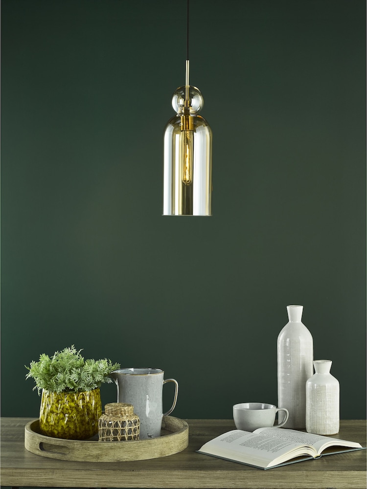 Dar Lighting Brushed Bronze Amber Glass Tao Pendant Ceiling Light - Image 1 of 7