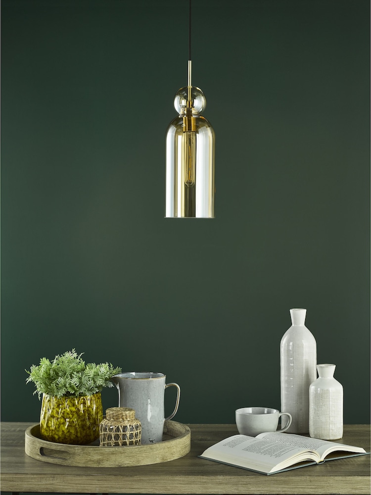 Dar Lighting Brushed Bronze Amber Glass Tao Pendant Ceiling Light - Image 2 of 7