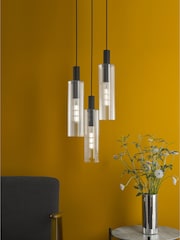 Dar Lighting Satin Black Ribbed Glass Ruben 3 Light Cluster Pendant Ceiling Light - Image 1 of 6