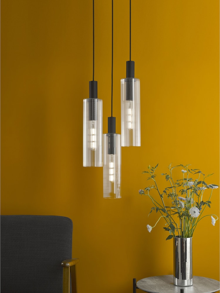 Dar Lighting Satin Black Ribbed Glass Ruben 3 Light Cluster Pendant Ceiling Light - Image 1 of 6
