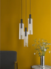 Dar Lighting Satin Black Ribbed Glass Ruben 3 Light Cluster Pendant Ceiling Light - Image 2 of 6