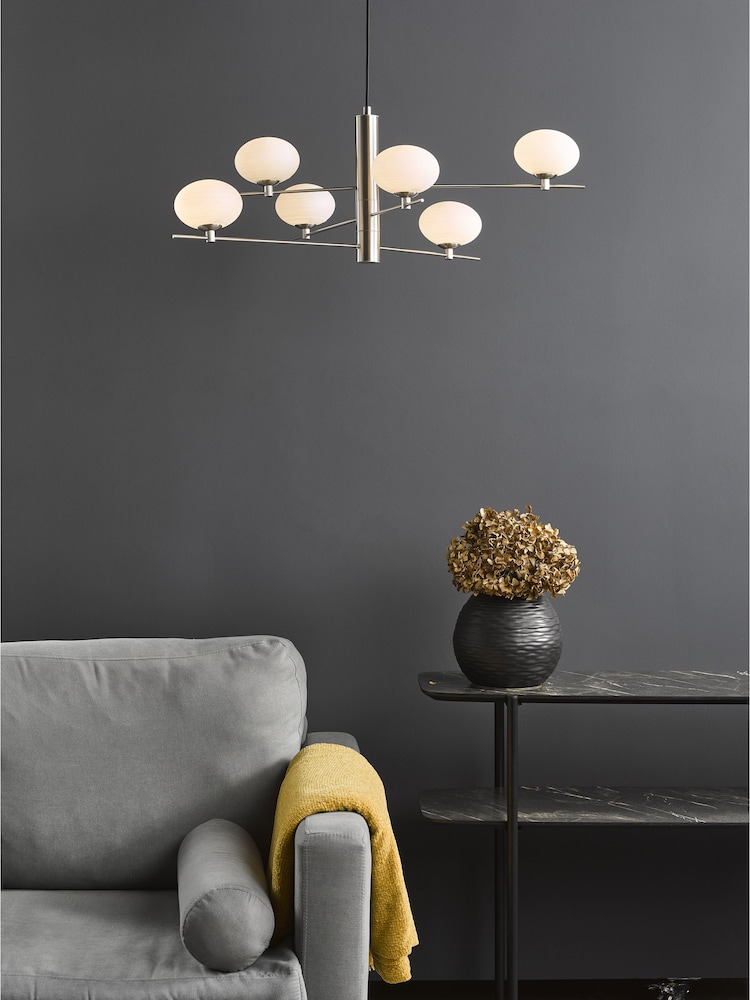 Dar Lighting Satin Nickel Opal Glass Jasper 6 Light Pendant Ceiling Light - Image 1 of 7
