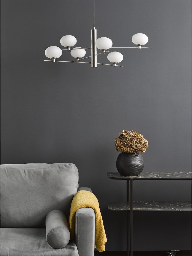 Dar Lighting Satin Nickel Opal Glass Jasper 6 Light Pendant Ceiling Light - Image 2 of 7