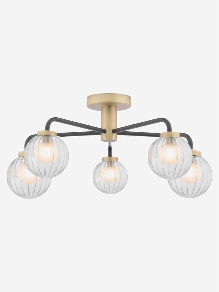 Dar Lighting Matt Black Antique Brass Gibbs 5 Light Semi Flush Ceiling Light - Image 1 of 2
