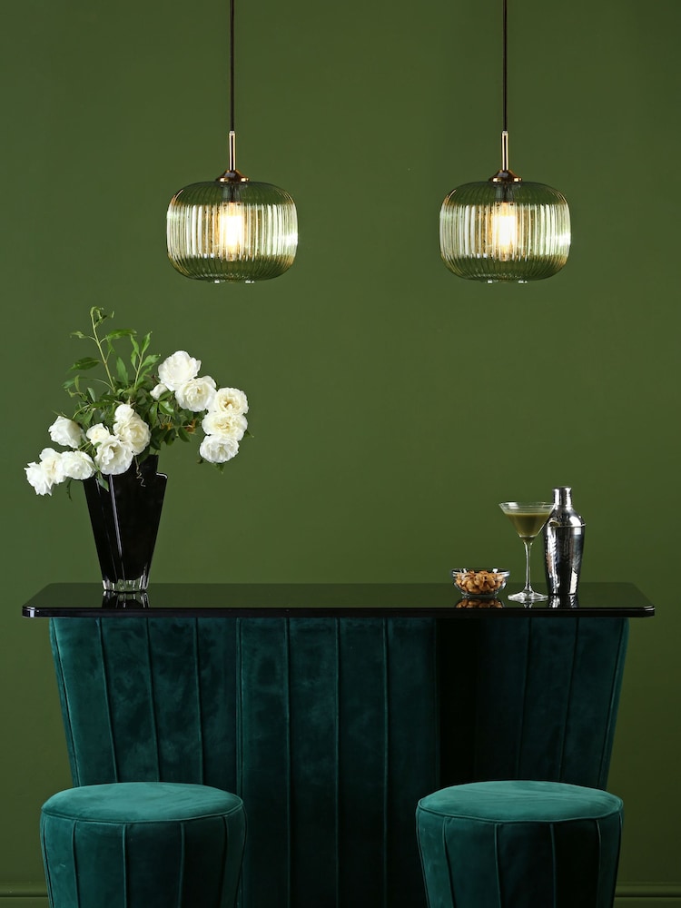 Dar Lighting Green Ribbed Glass Bronze Demarius Pendant Ceiling Light - Image 1 of 6