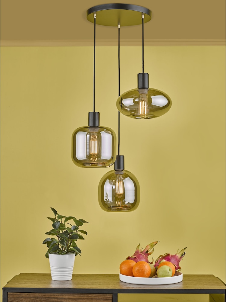Dar Lighting Smoked Glass Satin Black Aiden 3 Light Cluster Pendant Ceiling Light - Image 1 of 5