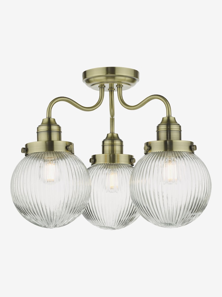 Dar Lighting Antique Brass Ribbed Glass Tamara 3 Light Semi Flush Ceiling Light - Image 2 of 4