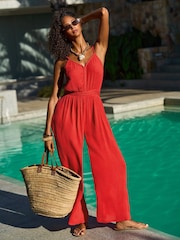 Friends Like These Red Plaited V-Neck Wide Leg Jumpsuit - Image 1 of 4