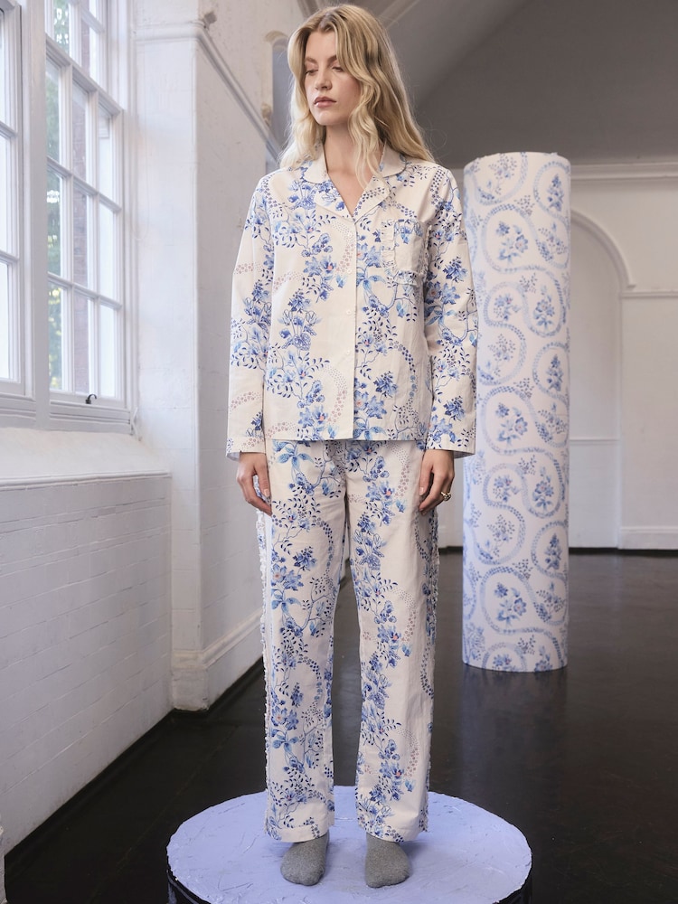 Cath Kidston White/Blue Road Floral Print Button Through Pyjamas - Image 1 of 13