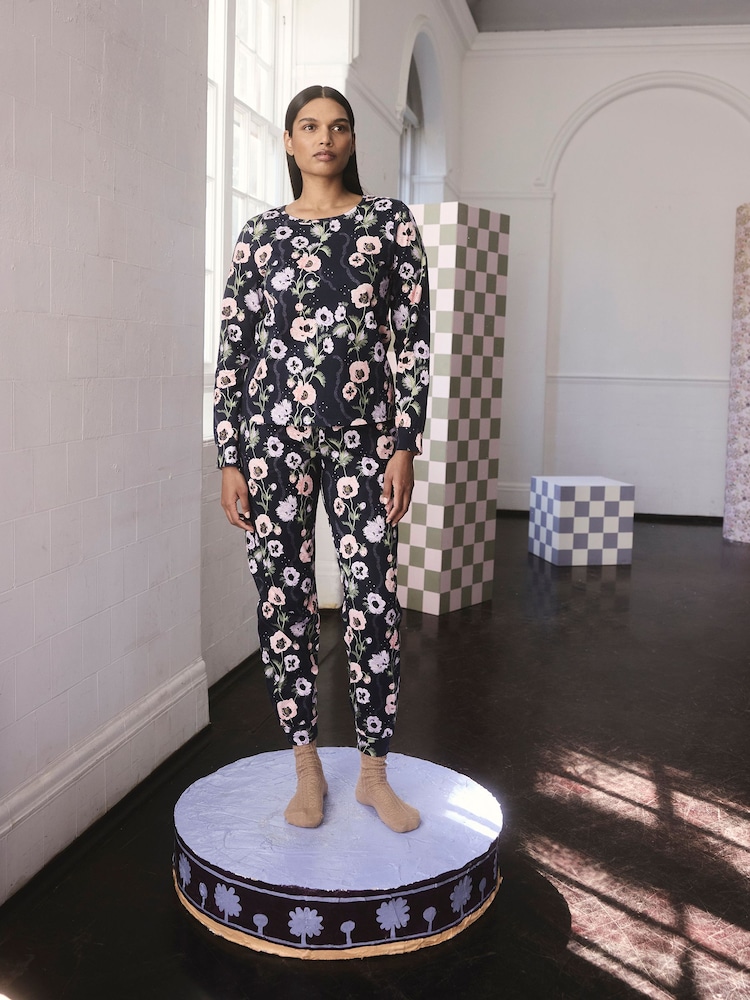 Cath Kidston Navy Peony Print Cotton Twosie Pyjamas - Image 1 of 10