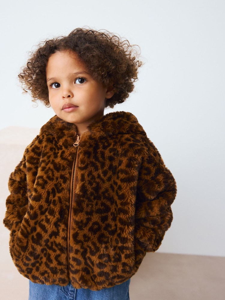 Brown Leopard Animal Print Faux Fur Zip Through Jacket (3mths-7yrs) - Image 1 of 9