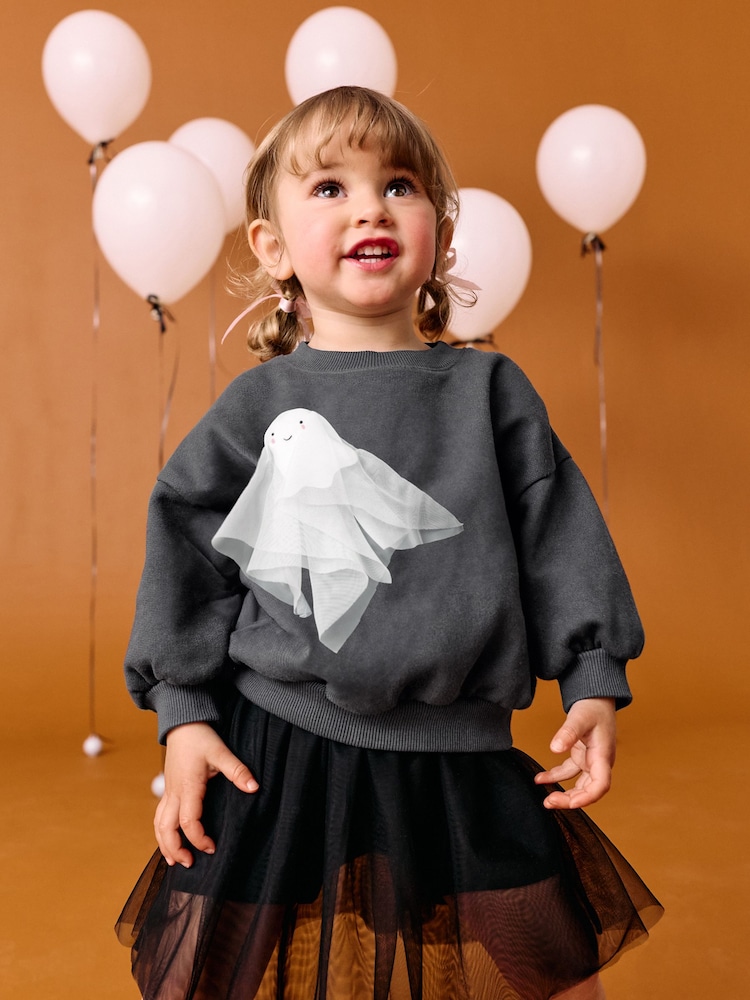Charcoal Grey Halloween Ghost Crew Neck Sweatshirt (3mths-7yrs) - Image 1 of 7