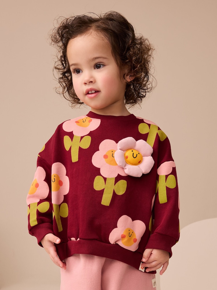 Burgundy Red Smiley Flower Print - Sudadera de cuello redondo (3 meses-7 años) - Imagen 1 de 7