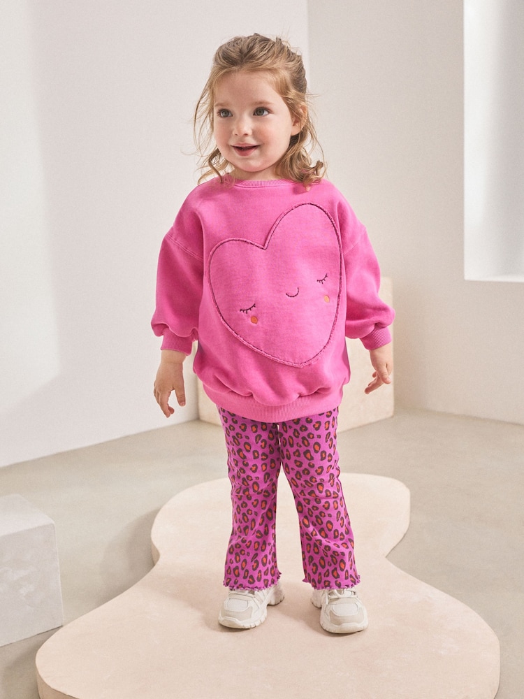 Pink Heart Animal Print Sweatshirt & Flare Leggings Set (3mths-7yrs) - Image 1 of 9
