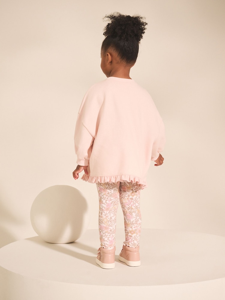 Babyhug Single Jersey Knit Frill Sleeves Floral Printed Top & Leggings Set - White & Pink main image 1