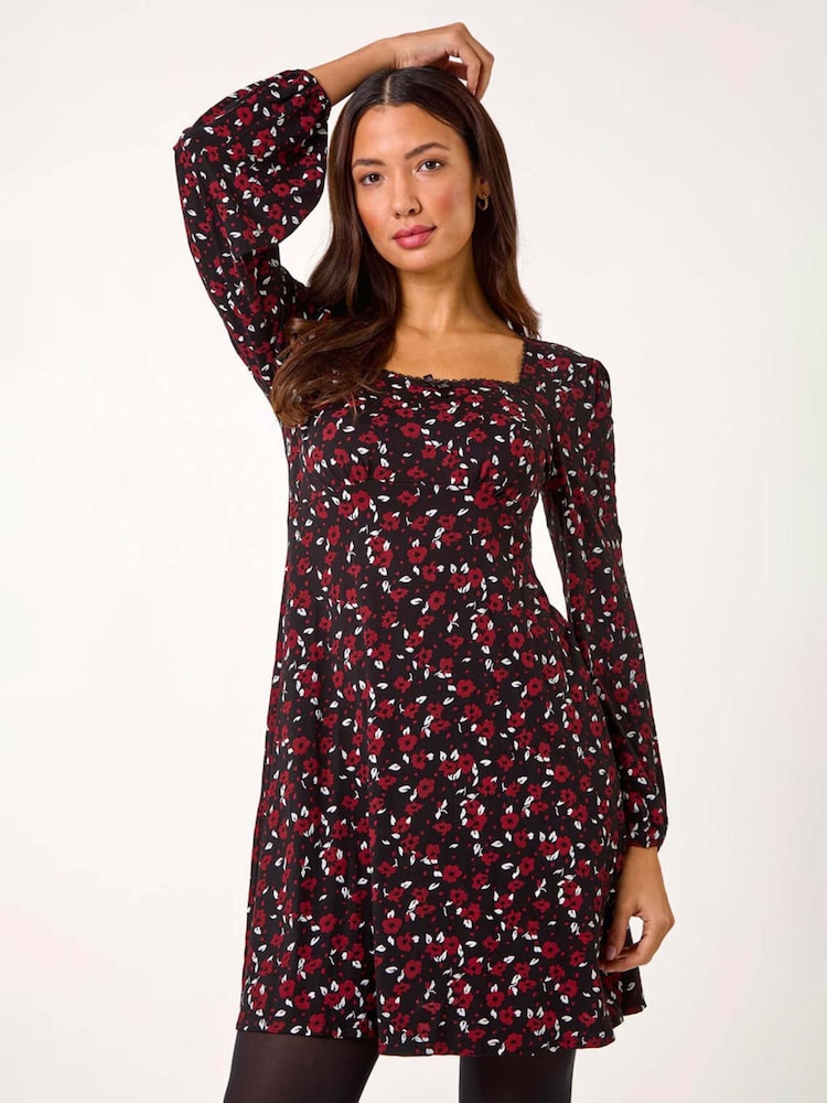 Roman Red Ditsy Print Lace Trim Stretch Dress - Image 1 of 5