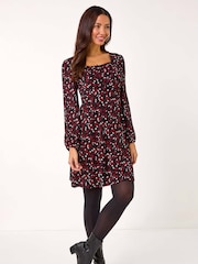 Roman Red Ditsy Print Lace Trim Stretch Dress - Image 2 of 5