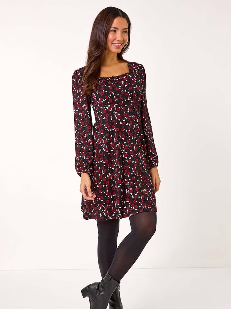 Roman Red Ditsy Print Lace Trim Stretch Dress - Image 2 of 5