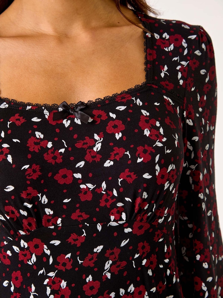 Roman Red Ditsy Print Lace Trim Stretch Dress - Image 5 of 5