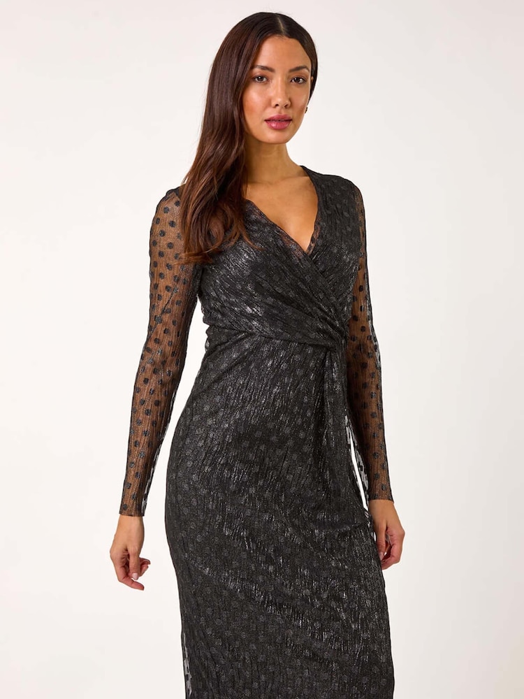 Roman Black Dobby Plisse Wrap Dress - Image 2 of 5