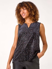Roman Black Velvet Glitter V-Neck Stretch Top - Image 1 of 5
