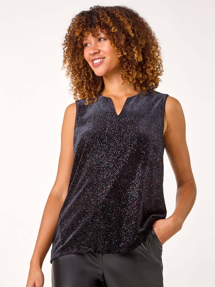 Roman Black Velvet Glitter V-Neck Stretch Top - Image 1 of 5