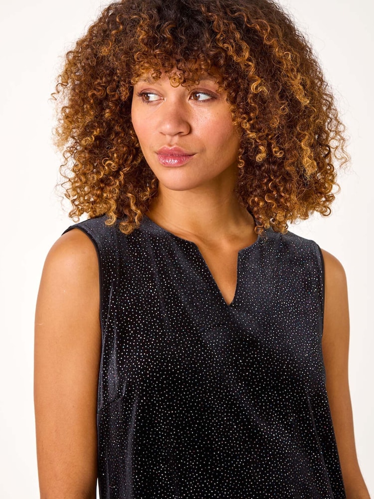Roman Black Velvet Glitter V-Neck Stretch Top - Image 4 of 5
