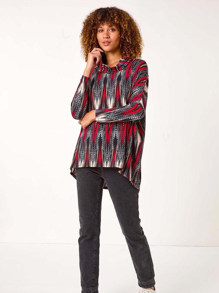 Roman Red Abstract Relaxed Cowl Neck Tunic Top - Image 1 of 5