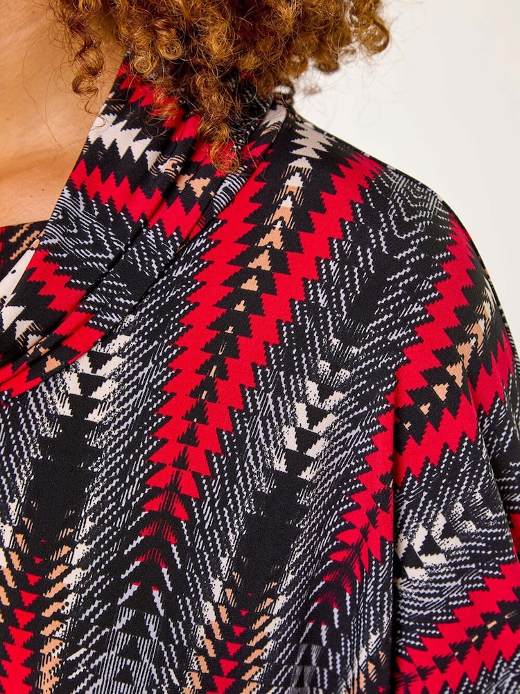 Roman Red Abstract Relaxed Cowl Neck Tunic Top - Image 5 of 5
