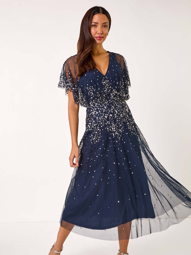 Roman Blue Embellished Angel Sleeve Midi Dress - Image 1 of 5
