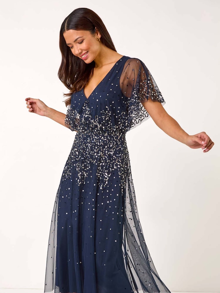 Roman Blue Embellished Angel Sleeve Midi Dress - Image 2 of 5