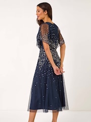 Roman Blue Embellished Angel Sleeve Midi Dress - Image 3 of 5