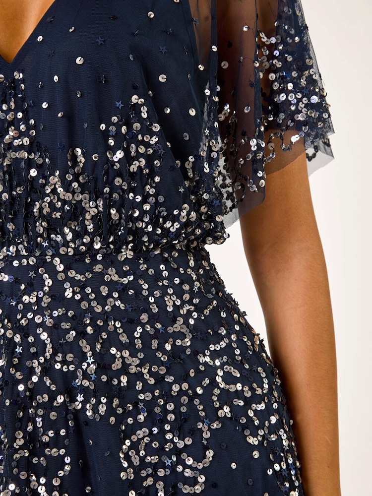 Roman Blue Embellished Angel Sleeve Midi Dress - Image 5 of 5