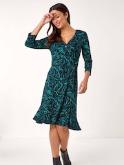 Roman Blue Wave Print Side Button Stretch Dress - Image 2 of 5