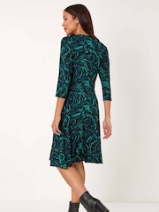 Roman Blue Wave Print Side Button Stretch Dress - Image 3 of 5
