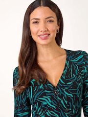 Roman Blue Wave Print Side Button Stretch Dress - Image 4 of 5