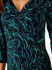 Roman Blue Wave Print Side Button Stretch Dress - Image 5 of 5