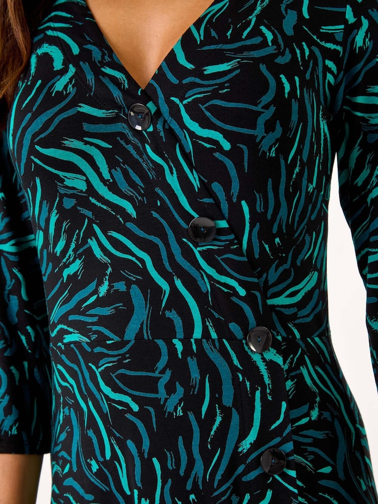 Roman Blue Wave Print Side Button Stretch Dress - Image 5 of 5