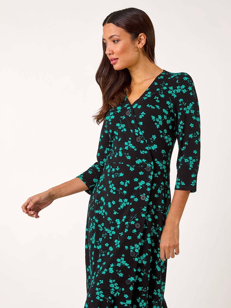 Roman Blue Floral Side Button Dress - Image 2 of 5