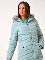 Roman Green Faux Fur Hooded Quilt Coat - Image 1 of 5