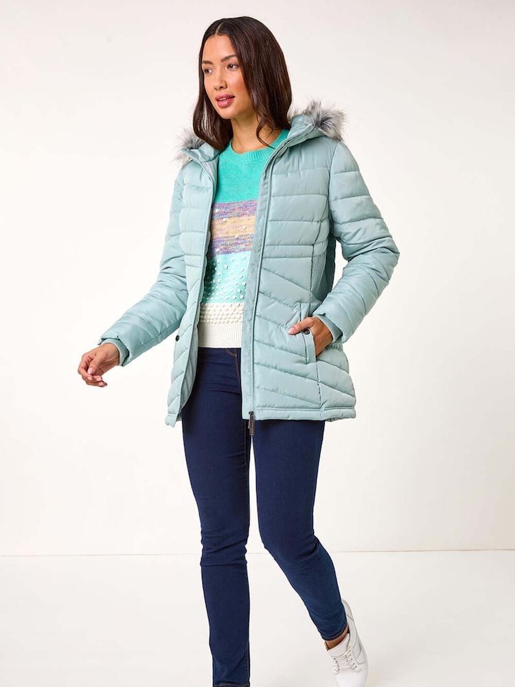 Roman Green Faux Fur Hooded Quilt Coat - Image 2 of 5 Roman Green Faux Fur Hooded Quilt Coat - Image 2 of 5