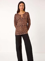 Roman Natural Animal Print Keyhole Stretch Top - Image 2 of 5