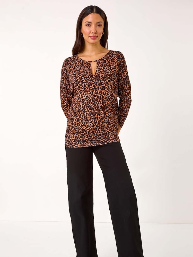 Roman Natural Animal Print Keyhole Stretch Top - Image 2 of 5