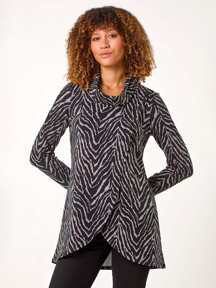 Roman Grey Animal Print Cowl Neck Tunic Top - Image 1 of 5