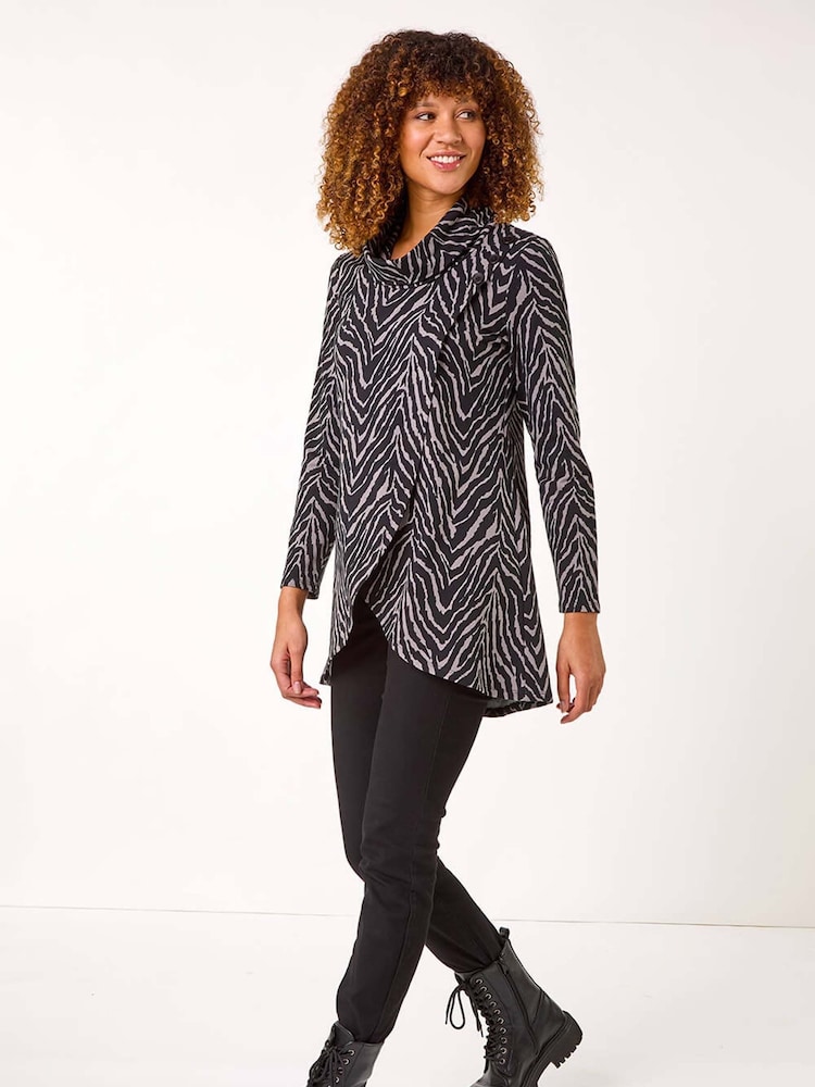 Roman Grey Animal Print Cowl Neck Tunic Top - Image 2 of 5