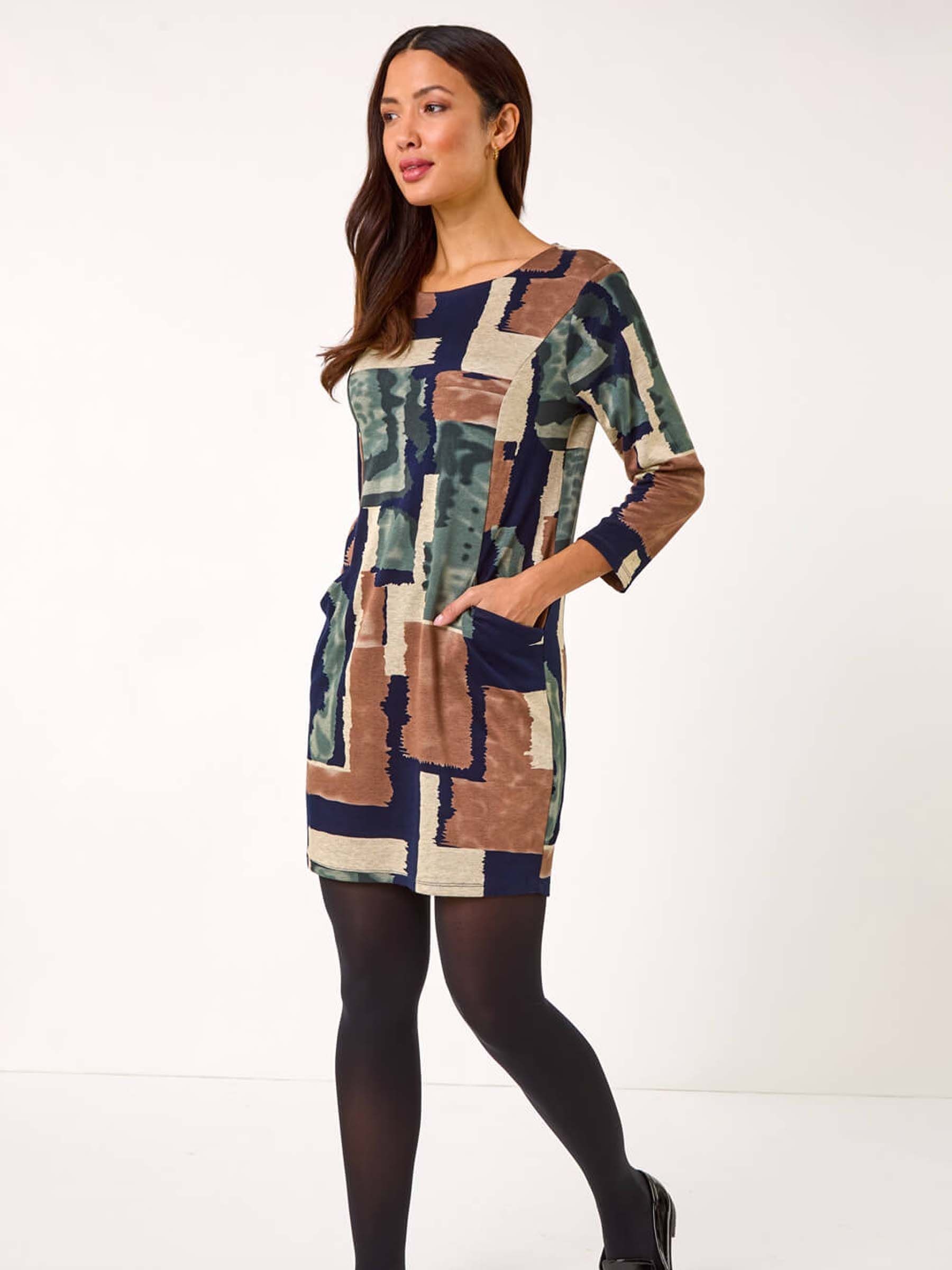 Roman Brown Geometric Print Pocket Shift Dress - Image 1 of 5